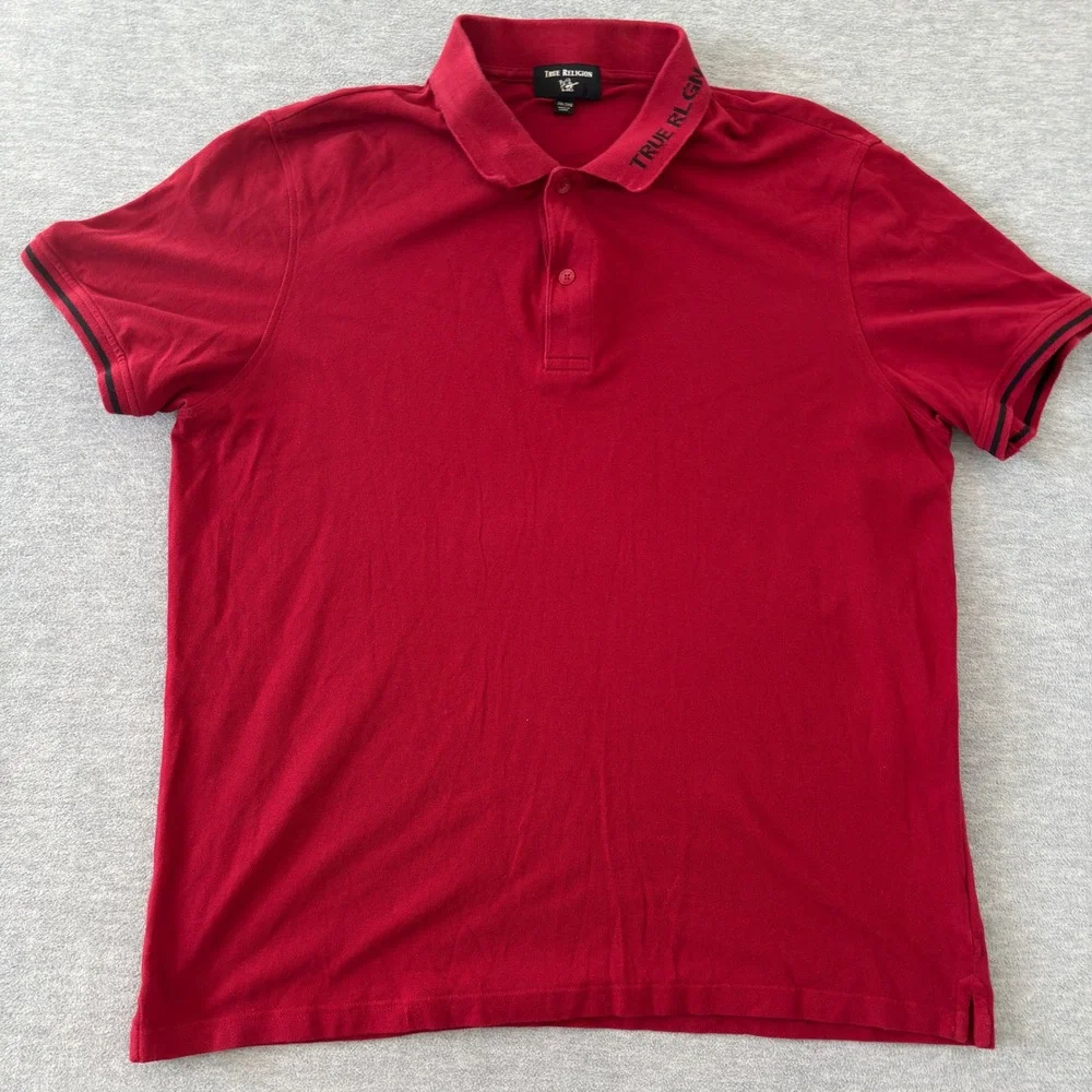 True Religion Mens Red Logo Collar Short Sleeve Cotton Pique Polo Shirt 2XL